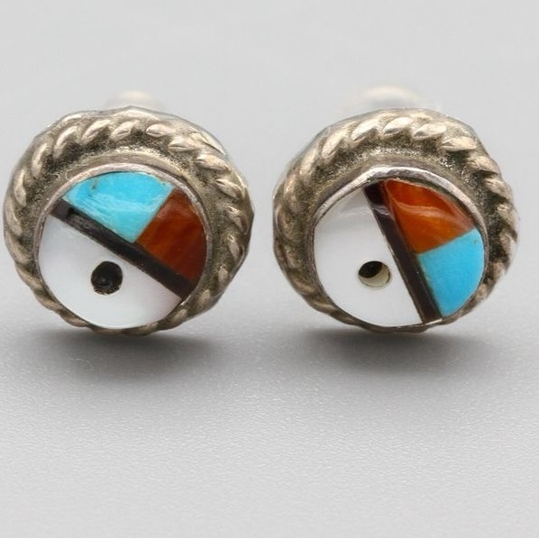 Vintage Zuni Mosaic Inlay Turquoise Red Coral Sun Face Stud Post Earrings 59$